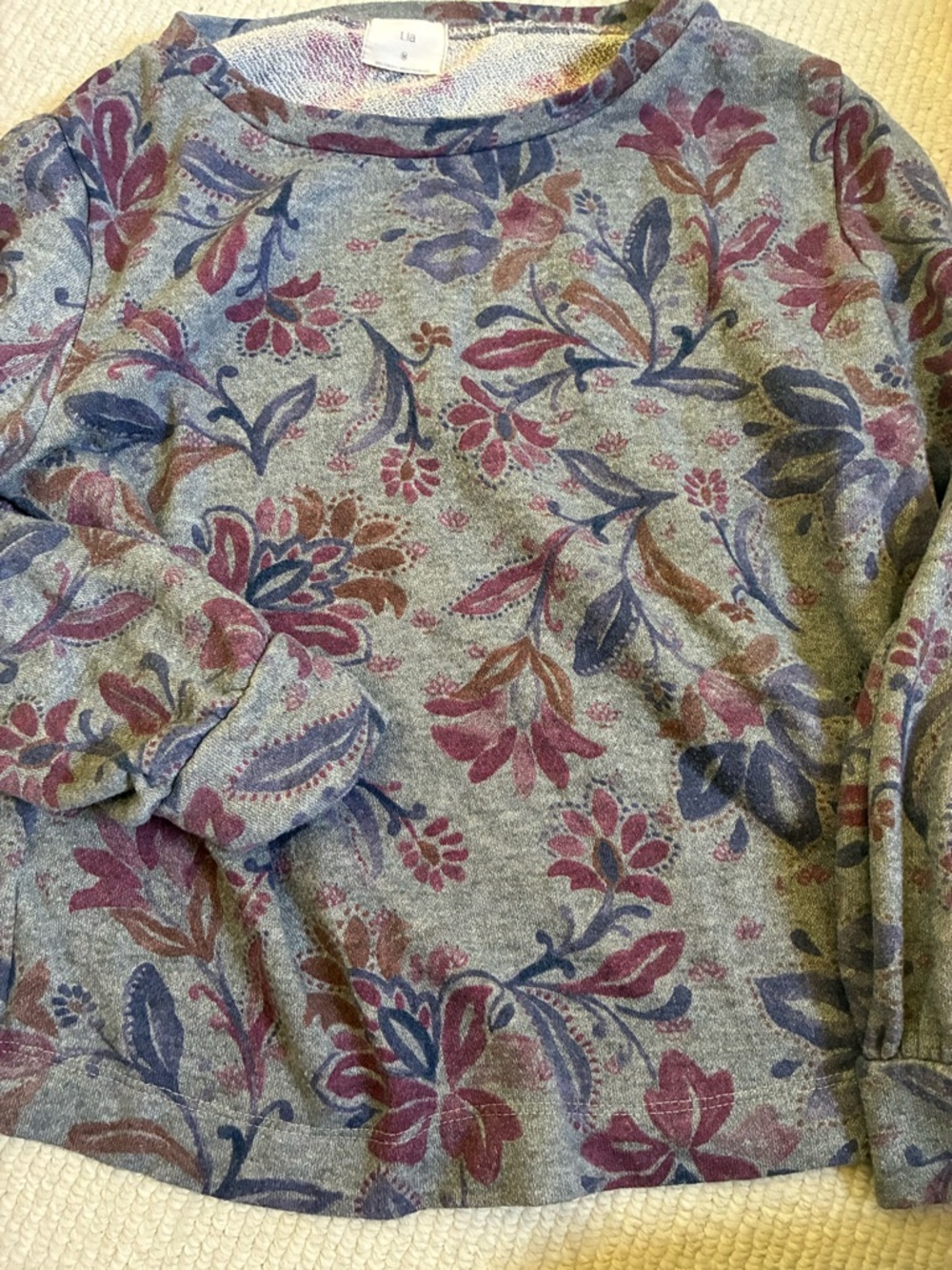 T.La Gray Crewneck Sweater with Purple and Navy Floral Print Anthropologie